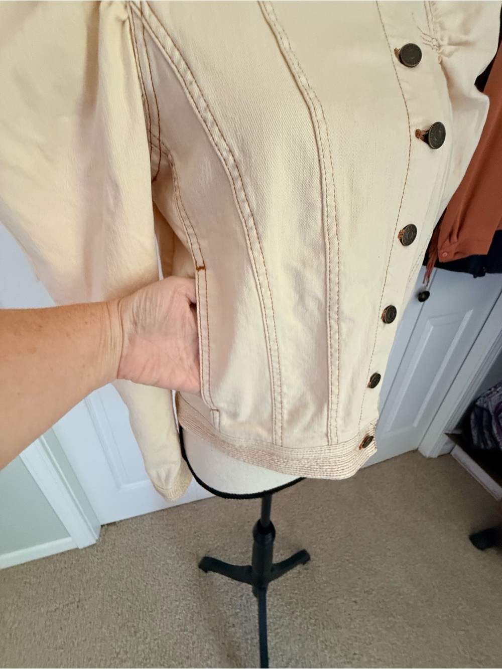 Ulla Johnson Cream Cosette Denim Jacket Puff Sleeve Contrast Stitch Size S - Picture 6 of 15